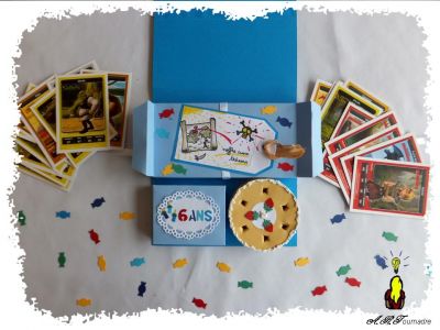 carte pop-up "pupitre" qui contient tout pour un anniversaire
La carte de 1cm d'Ã©paisseur contient tout :
le gÃ¢teau de papier, une petite boite avec les 6 vraies)  bougies d'anniversaire, une boite cadeau avec LE cadeau, des cartes de collection et des bonbons.
